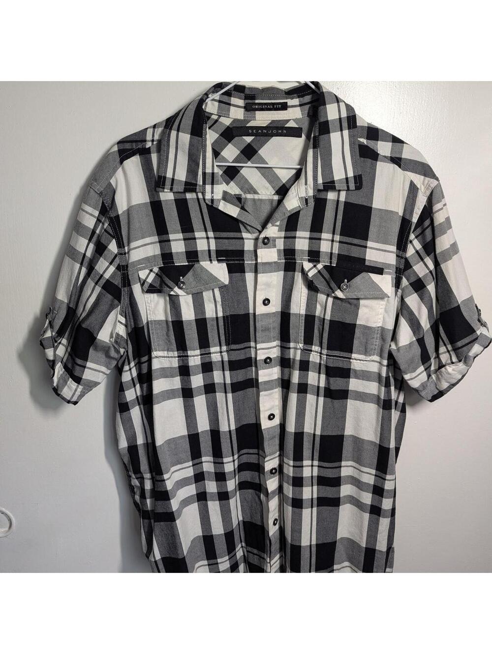 Y2K Sean John Black and White Plaid Button-Up Shirt